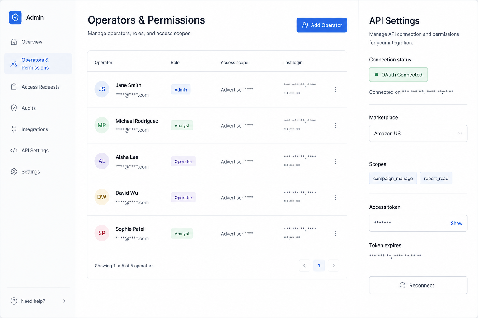 DouKing operators permissions and API settings